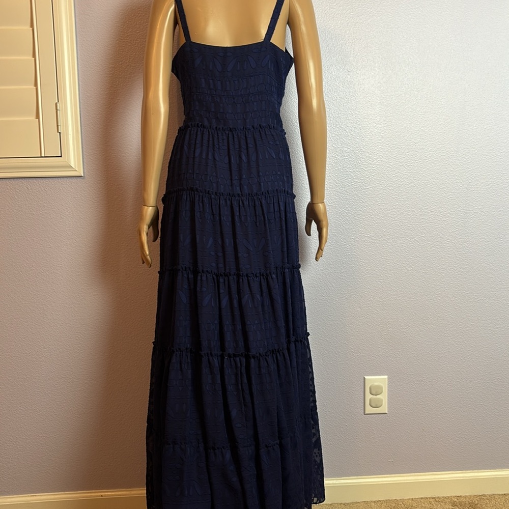 Tommy Hilfiger Elegant Navy Blue Maxi Dress Cami Straps Full Skirt Burnout Lace